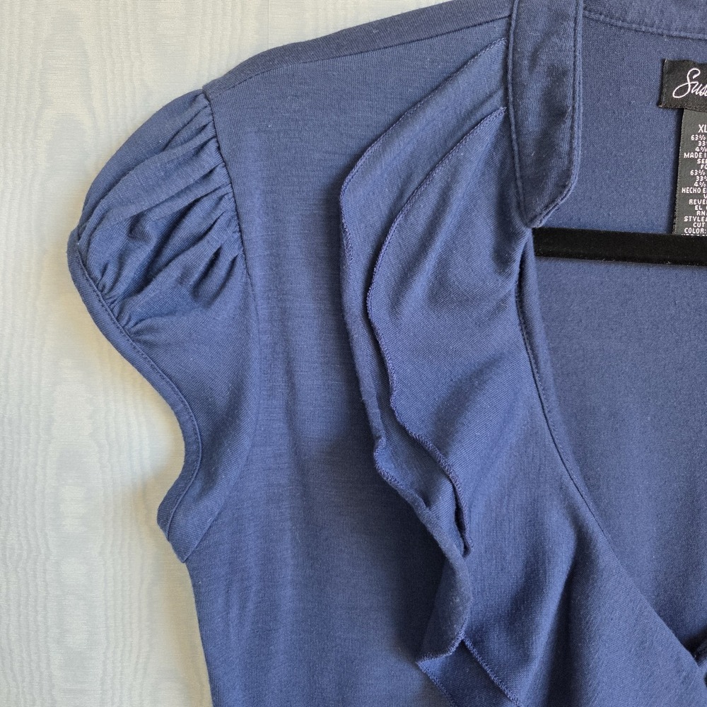 Vtg Y2K Women's L Susie Rose Blouse Cap Puff Sleeve Ruffle Front V Neck Navy - Picture 2 of 8